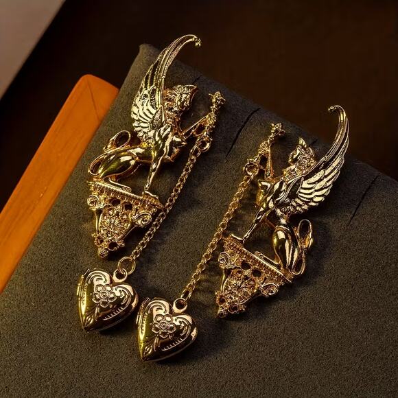 Golden Sphinx Exotic Egyptian Style Locket Heart Earrings - Picture 1 of 4